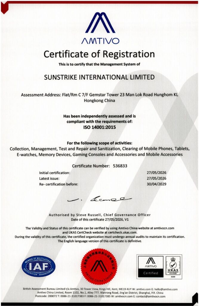 Sunstrike International Limited ISO 14001:2015 certificate