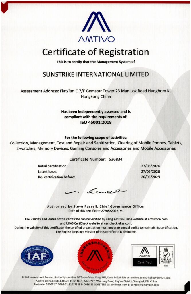 Sunstrike International Limited ISO 45001:2018 certificate
